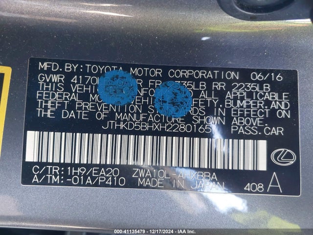 JTHKD5BHXH2280165 Lexus CT 200H