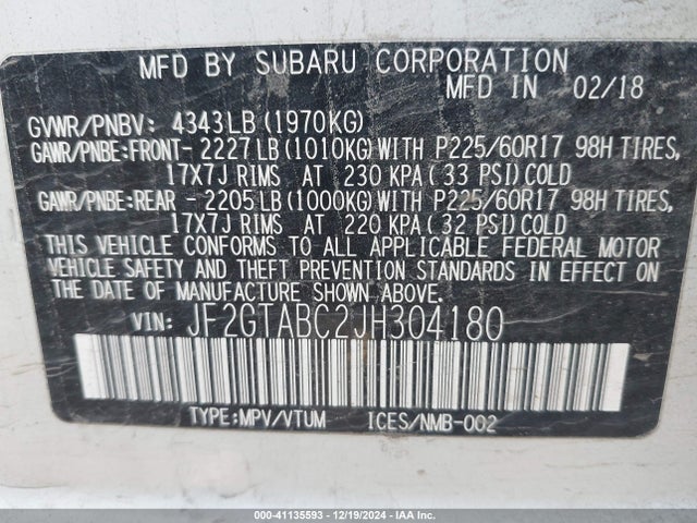 Subaru Crosstrek 2.0i Premium 2018 JF2GTABC2JH304180 Image 9
