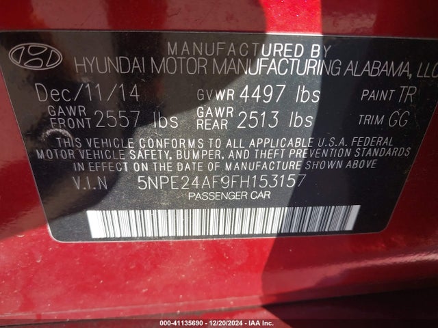 Hyundai SONATA SE 2015 5NPE24AF9FH153157 Image 9