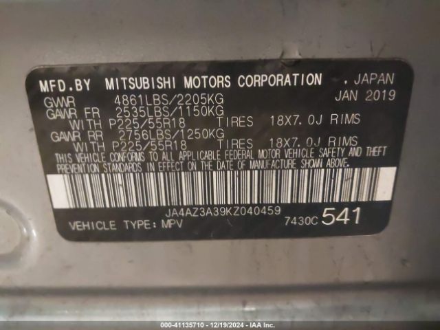 2019 MITSUBISHI OUTLANDER JA4AZ3A39KZ040459 Photo 8