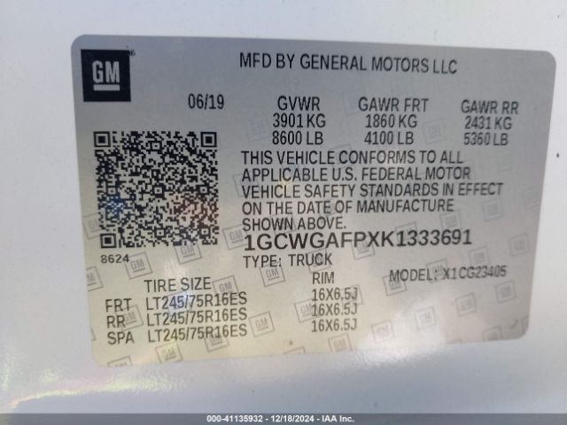 1GCWGAFPXK1333691 Chevrolet Express 2500 Work Van