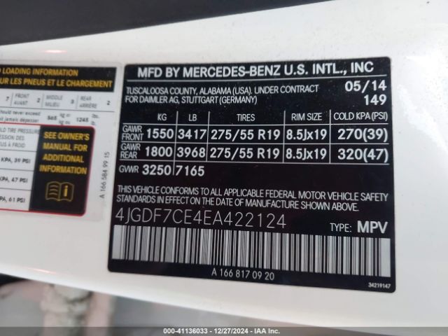 4JGDF7CE4EA422124 Mercedes-Benz Gl 450 4matic