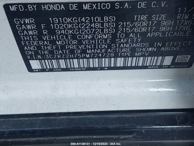 3CZRZ2H75PM724729 Honda Hr-v Awd Ex-l