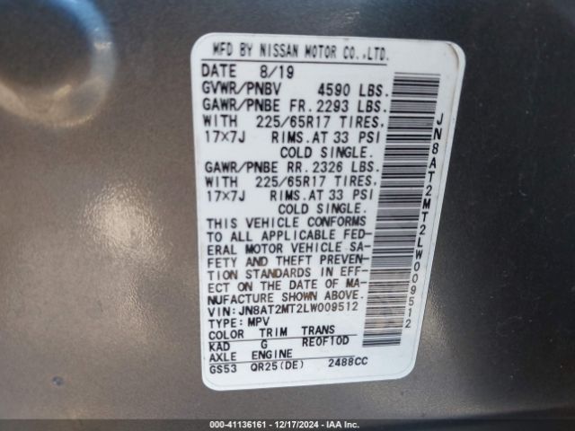 JN8AT2MT2LW009512 Nissan Rogue Sv Fwd