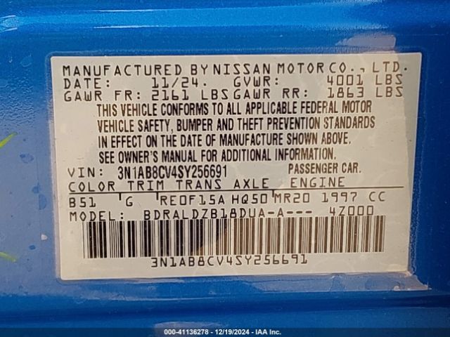 3N1AB8CV4SY256691 Nissan SENTRA SV
