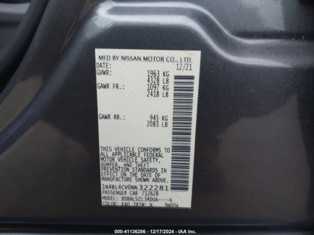 1N4BL4CV0NN322281 Nissan Altima Sr Fwd