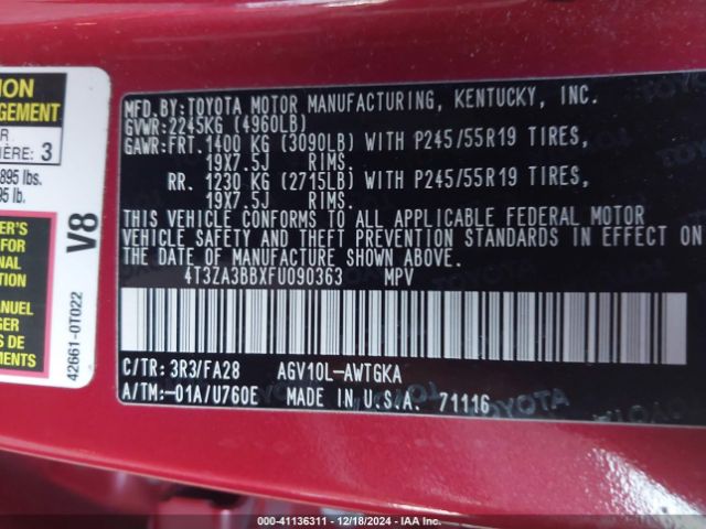 4T3ZA3BBXFU090363 Toyota VENZA LE