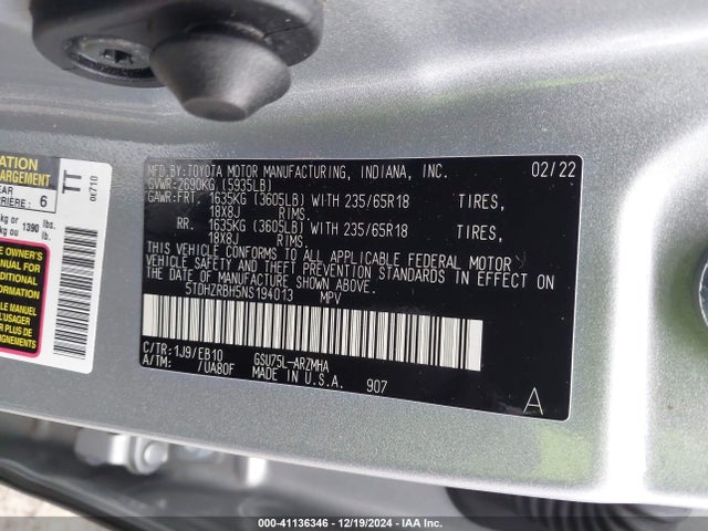 Toyota Highlander Xle 2022 5TDHZRBH5NS194013 Image 9