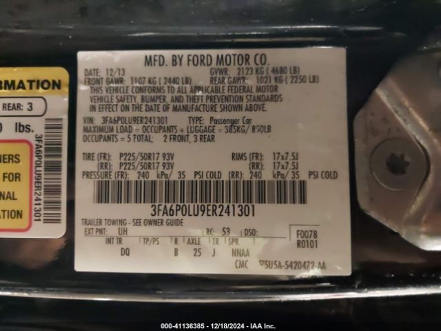 3FA6P0LU9ER241301 Ford Fusion Hybrid Se