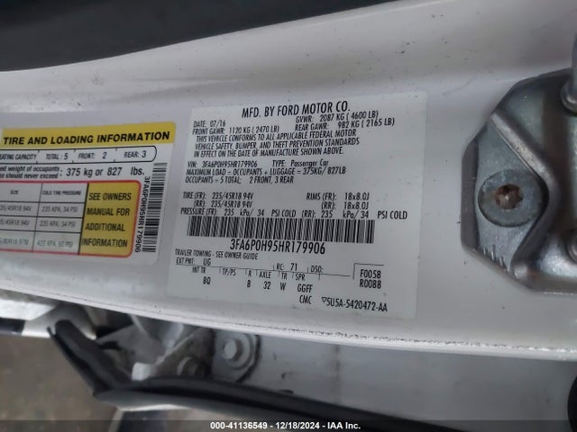 Ford FUSION SE 2017 3FA6P0H95HR179906 Image 9