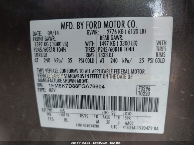 Ford EXPLORER XLT 2015 1FM5K7D88FGA76604 Image 9