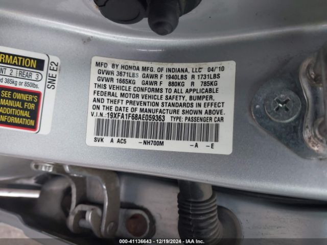 2010 HONDA CIVIC SDN 19XFA1F68AE059363 Photo 8