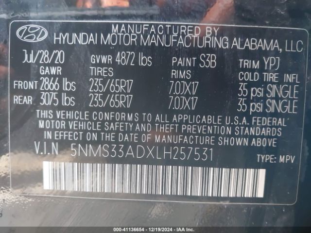 5NMS33ADXLH257531 Hyundai Santa Fe Sel