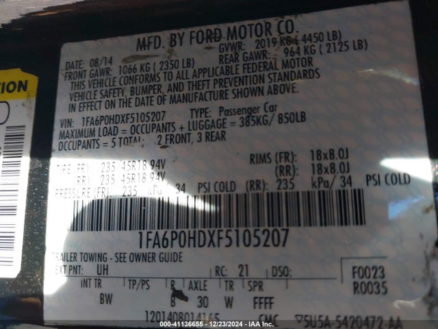 Ford FUSION SE 2015 1FA6P0HDXF5105207 Image 9