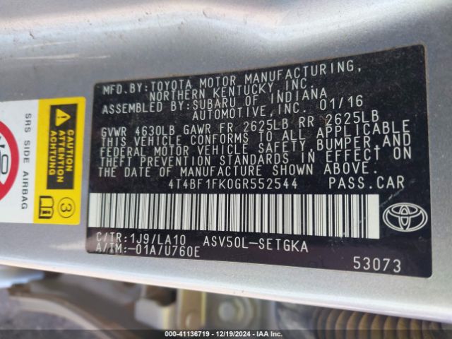 4T4BF1FK0GR552544 Toyota CAMRY XLE