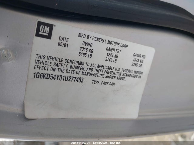 2001 CADILLAC DEVILLE 1G6KD54Y01U277433 Photo 8
