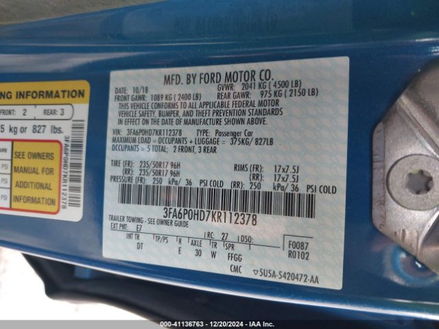 3FA6P0HD7KR112378 Ford FUSION SE