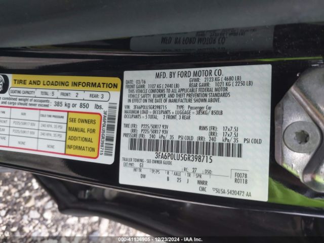 3FA6P0LU5GR398715 Ford Fusion Hybrid Se