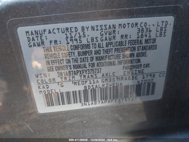 3N1AB7APXFY375737 Nissan SENTRA SR