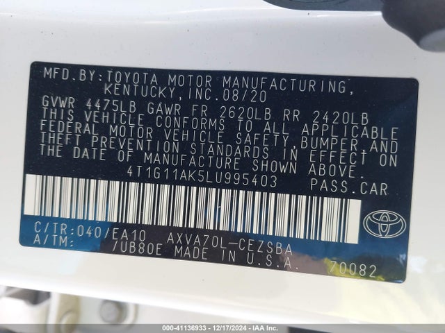 Toyota CAMRY SE 2020 4T1G11AK5LU995403 Image 9