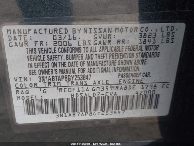 3N1AB7AP8GY253847 Nissan SENTRA SV