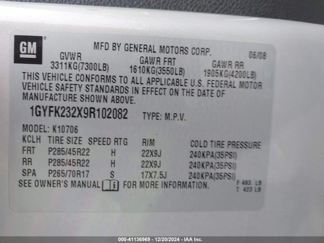 2009 CADILLAC ESCALADE 1GYFK232X9R102082 Photo 8