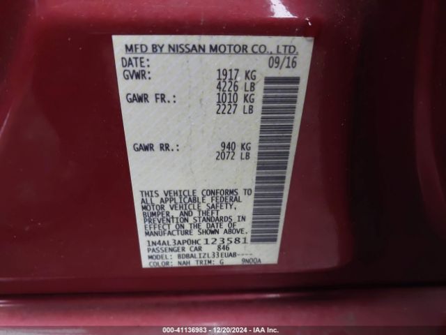 1N4AL3AP0HC123581 Nissan Altima 2.5/2.5 S/2.5 Sl/2.5 Sr/2.5 Sv