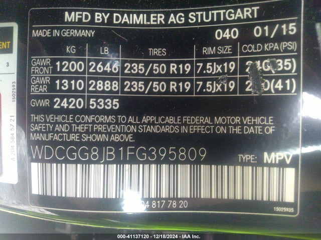 WDCGG8JB1FG395809 Mercedes-Benz Glk 350 4matic