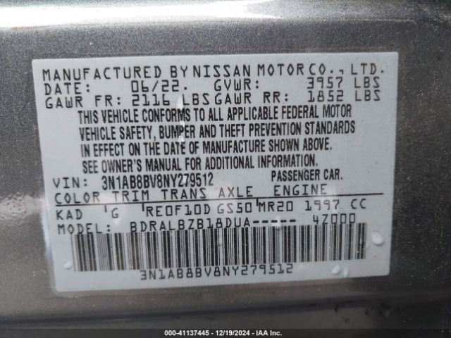 3N1AB8BV8NY279512 Nissan Sentra S Xtronic Cvt