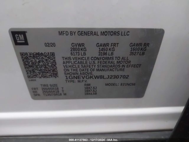1GNEVGKW8LJ230702 Chevrolet Traverse Awd Lt Cloth
