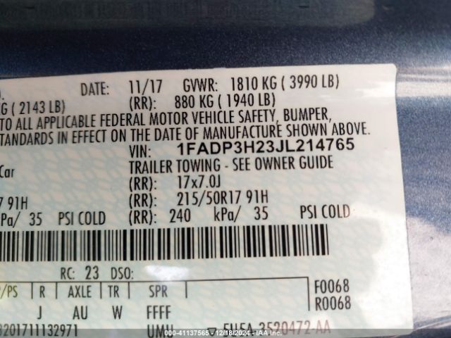 1FADP3H23JL214765 Ford FOCUS SEL