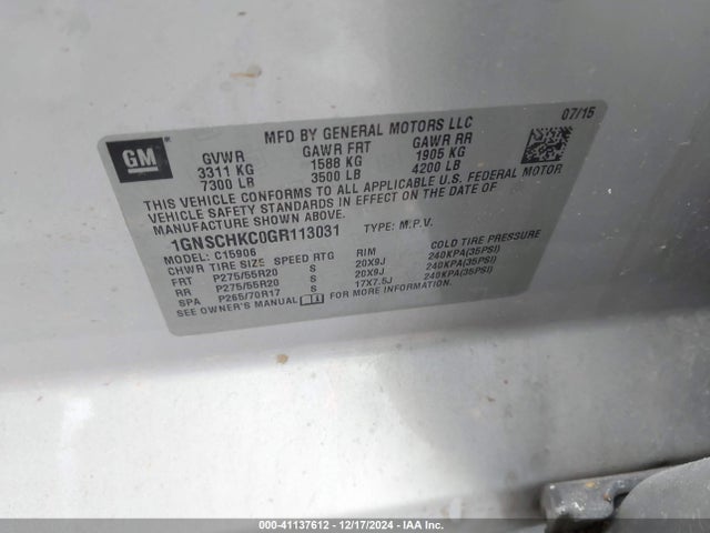Chevrolet Suburban Lt 2016 1GNSCHKC0GR113031 Image 9