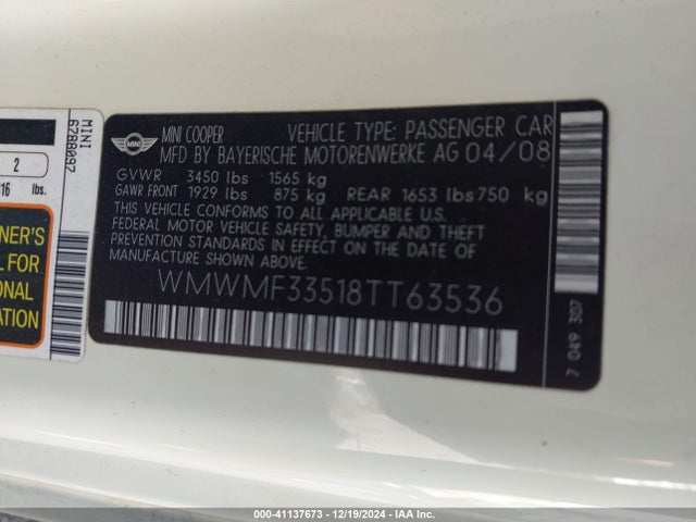 2008 MINI COOPER WMWMF33518TT63536 Photo 8