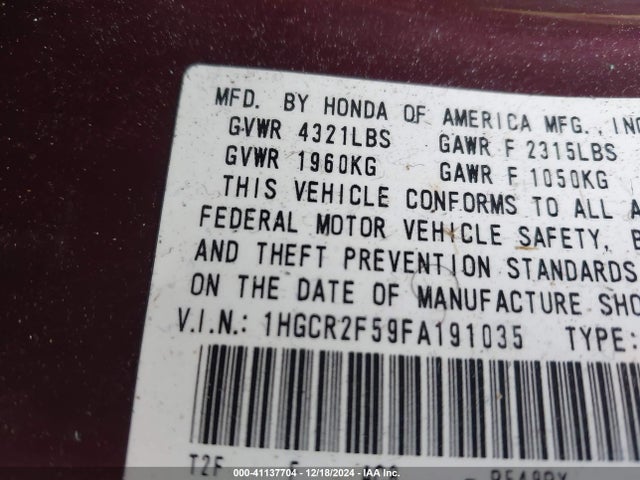 Honda Accord Sport 2015 1HGCR2F59FA191035 Image 9