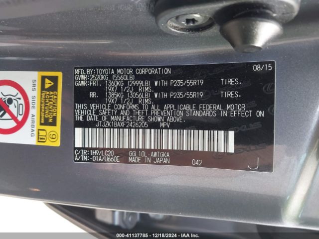 JTJZK1BAXF2426205 Lexus RX 350