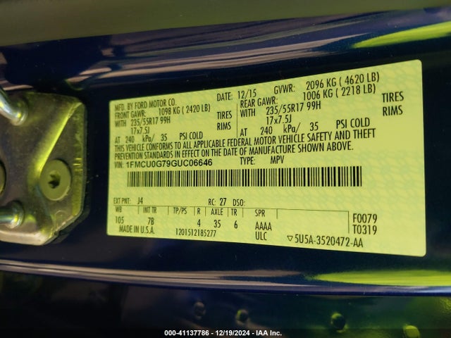 Ford ESCAPE SE 2016 1FMCU0G79GUC06646 Image 9