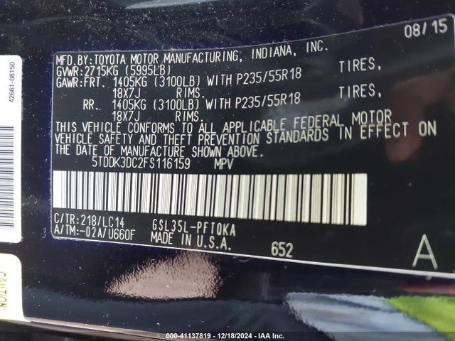 Toyota Sienna Xle/limited 2015 5TDDK3DC2FS116159 Image 9