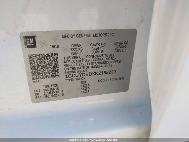 1GCUYDEDXKZ158230 Chevrolet Silverado 1500 Lt