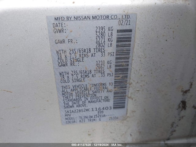 Nissan Murano Sv Intelligent Awd 2021 5N1AZ2BS2MC116403 Image 9