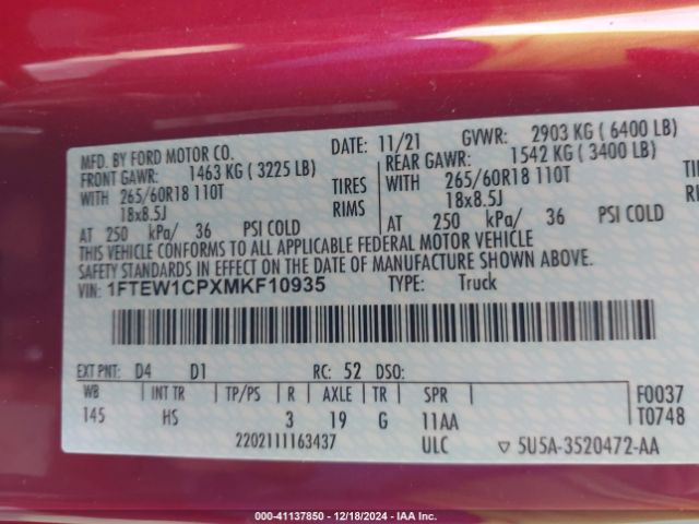 1FTEW1CPXMKF10935 Ford F-150 Lariat