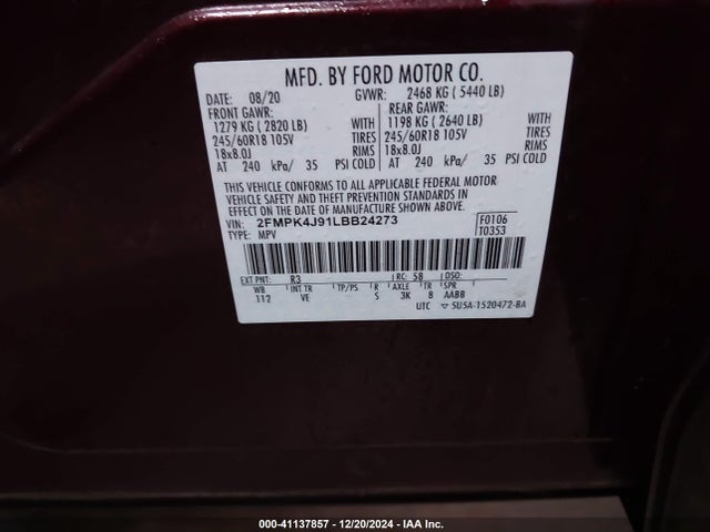 Ford EDGE SEL 2020 2FMPK4J91LBB24273 Image 9