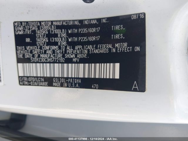 5TDYZ3DC3HS772192 Toyota Sienna Xle/limited