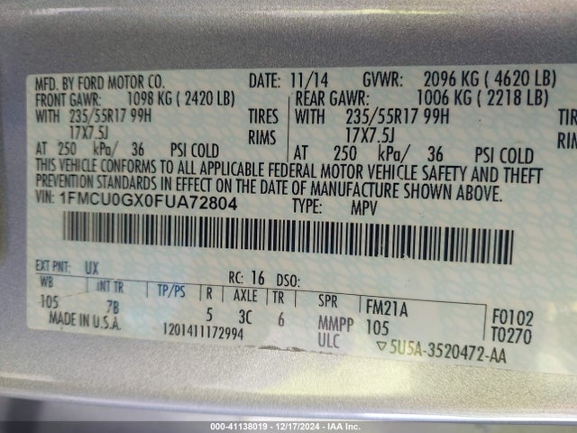 1FMCU0GX0FUA72804 Ford ESCAPE SE
