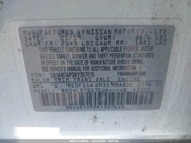 Nissan SENTRA S 2019 3N1AB7AP2KY357615 Image 9