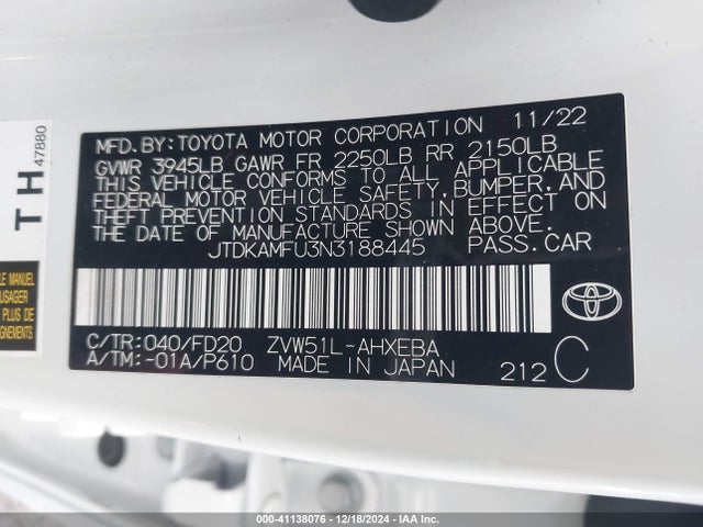 JTDKAMFU3N3188445 Toyota Prius Le