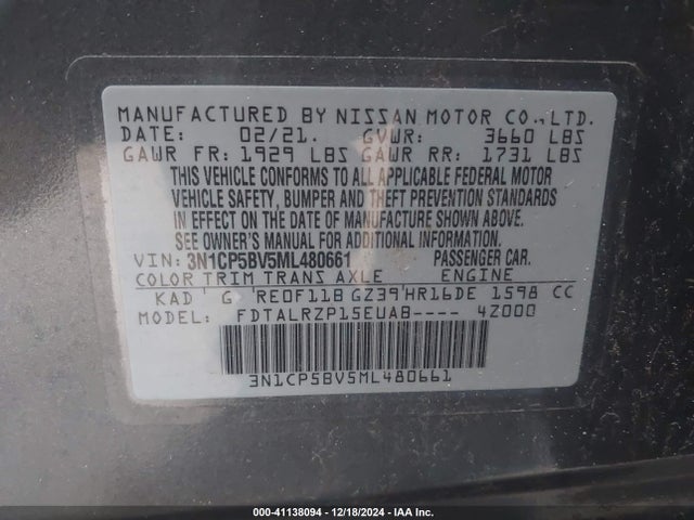 3N1CP5BV5ML480661 Nissan Kicks S Xtronic Cvt
