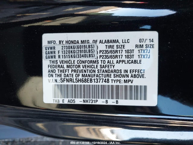 Honda Odyssey Ex-l 2014 5FNRL5H68EB137748 Image 9