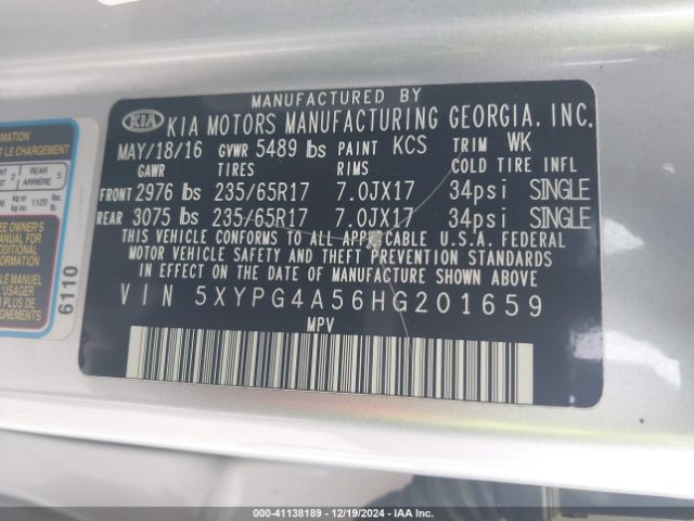 5XYPG4A56HG201659 KIA Sorento 3.3l Lx