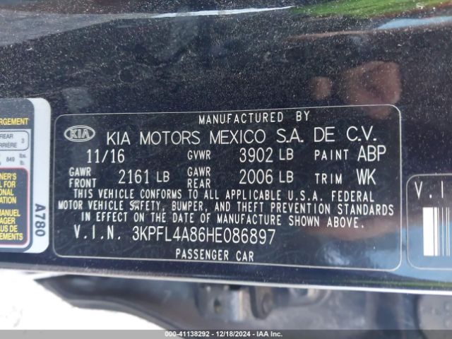 3KPFL4A86HE086897 KIA FORTE EX