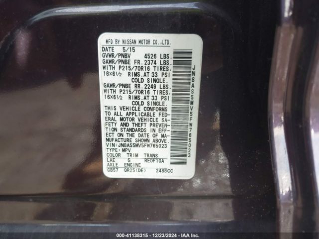 JN8AS5MV5FW765023 Nissan Rogue Select S